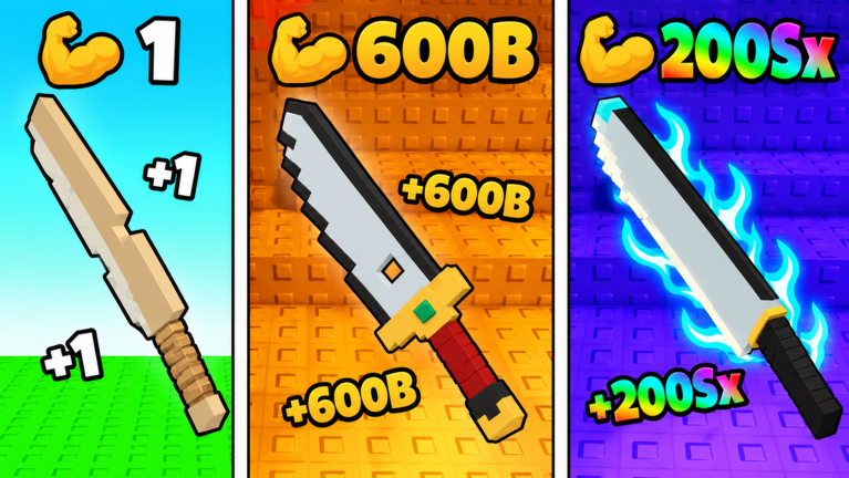Three sword tiers side by side, from a wooden starter sword to a 600B-power blade and a rainbow flaming 200Sx sword.