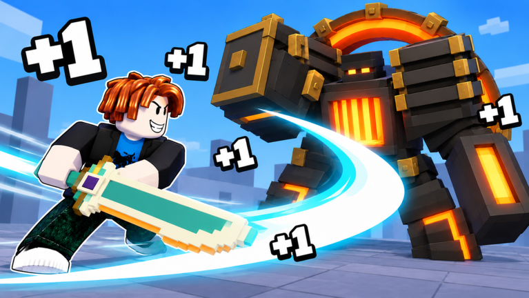 A player swings a giant glowing sword at a huge robotic boss while +1 damage numbers pop in +1 Sword Blast Evolution.